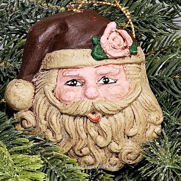 Vtg Christmas 3 “ Handmade Carved Hanging Santa Claus Face Rose Tree Ornament - Picture 2 of 8